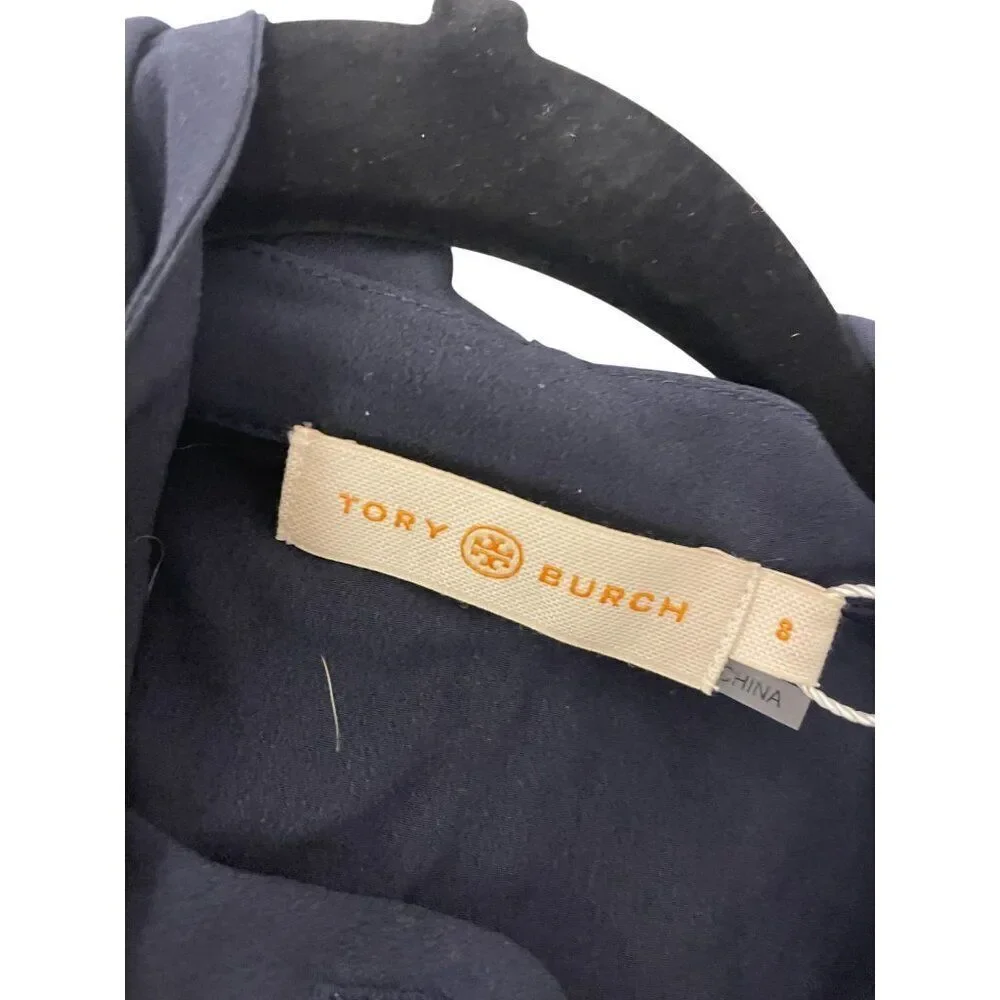 Tory Burch Womens Sleeveless Bow Blouse Shirt Top Size 8 Navy Blue NWT $250